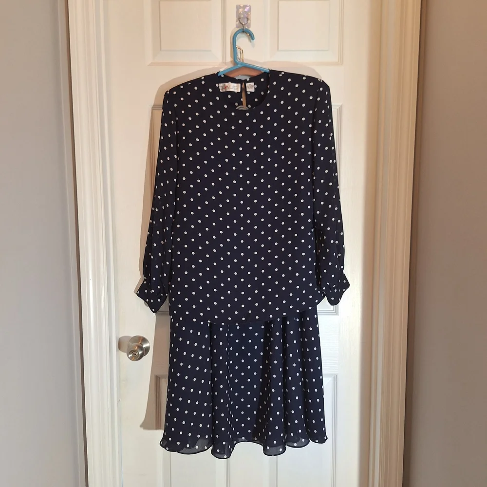 Chaus Vintage Sheer Navy and White Polka Dot Blouse And Adjustable Waist Skirt